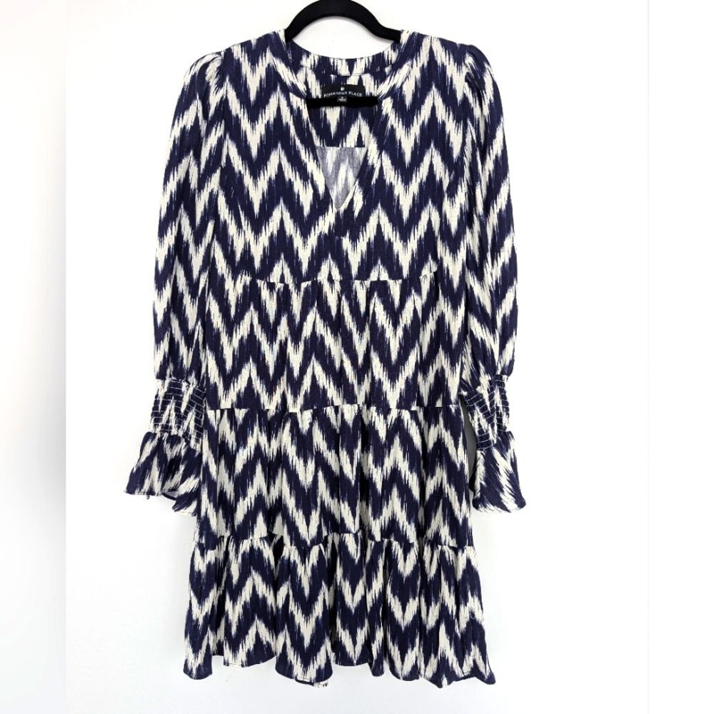 Pomander Place Ikat Kenzo Dress Tiered Chevron Patterned Cuff Sleeve Dress Sz S